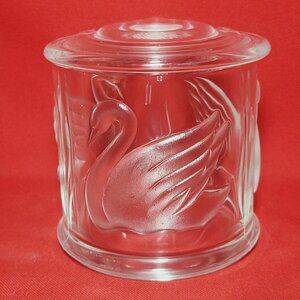 Vintage Crystal Frosted Embossed Glass Swan Jar with Lid Trinket Candy Dish Roun